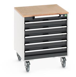 cubio mobile cabinet with 5 drawers & multiplex worktop. WxDxH: 650x650x790mm. RAL 7035/5010 or selected Bott Mobile Storage 650mm x 650mm Industrial Tool Trolleys